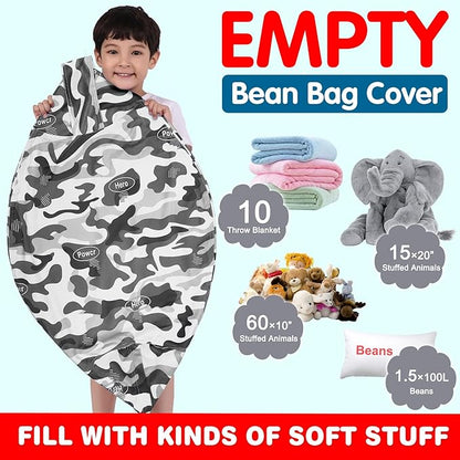 Lukeight Stuffed Animal Storage Bean Bag Chair Cover for Kids, Zipper Beanbag Chair Cover for Organizing Toddler and Kids' Rooms Plush Toys (Camo Velvet, Large)