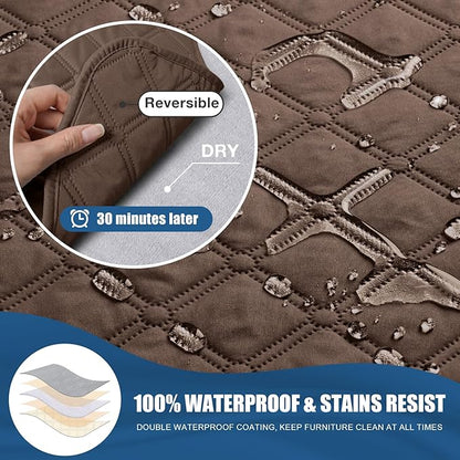 TAOCOCO 100% Waterproof Recliner Covers, Recliner Sofa Covers with Leg Straps, Reversible Recliner Couch Cover for Reclining Chair, Washable Couch Protector for Pets Kids(3 Seater, Brown)