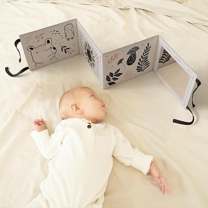 Soft Tummy Time Book w/ Stimulating Baby Safe Mirror - Fun Black and White Montessori Toy w/ Crinkle Filling & 20 High Contrast Designs
