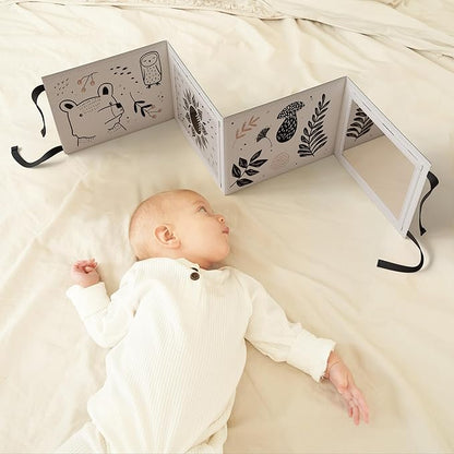 Soft Tummy Time Book w/ Stimulating Baby Safe Mirror - Fun Black and White Montessori Toy w/ Crinkle Filling & 20 High Contrast Designs