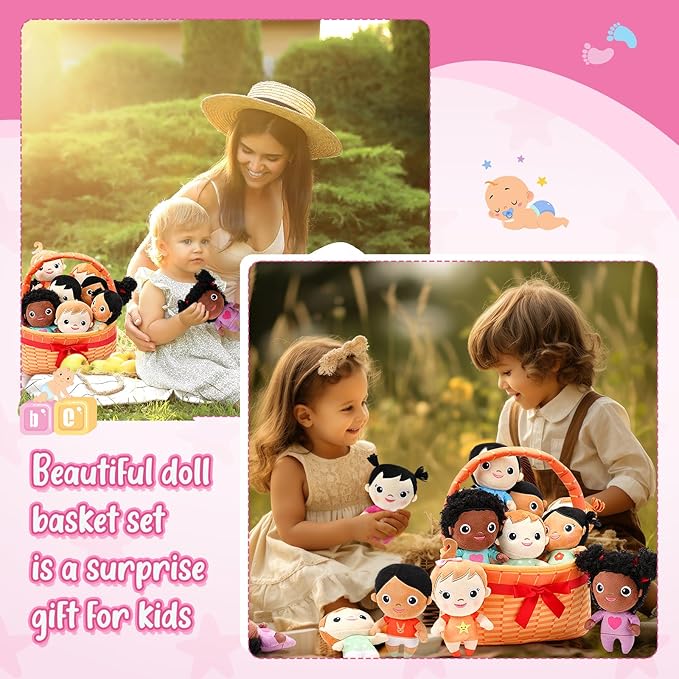 HyDren Basket Plush Baby Dolls, Set of 10 Soft Diversity Dolls 6'' Multicultural Sensory Dolls