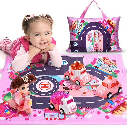 Baby Toys for 1 2 3 Year Old Girls,Cute Car Toys with Baby Doll & Playmat/Storage Bag for Toddlers Age 1-3 12-18 Months,1st