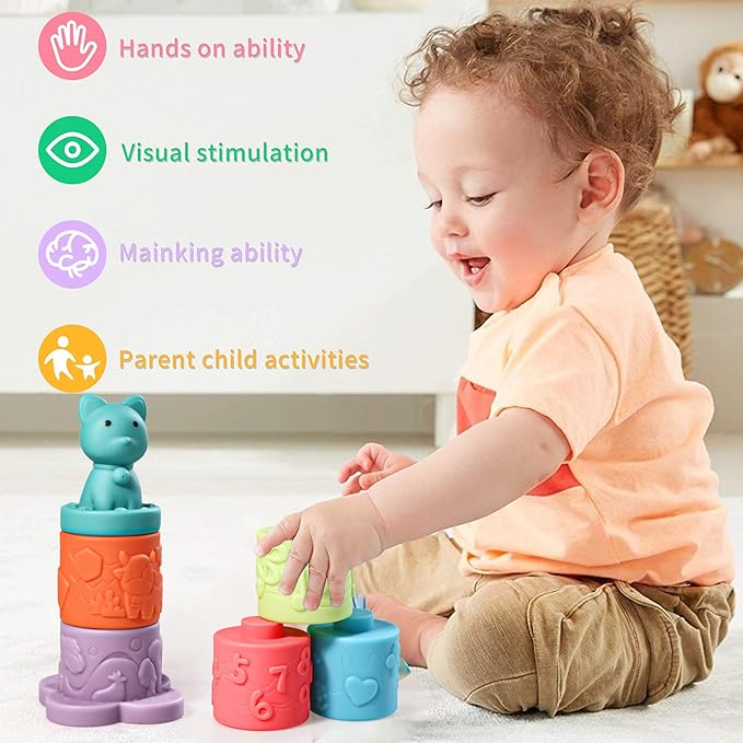 6 Pcs Stacking & Nesting Circle Toy,Soft Building Rings Stacker & Teethers 6+ Months
