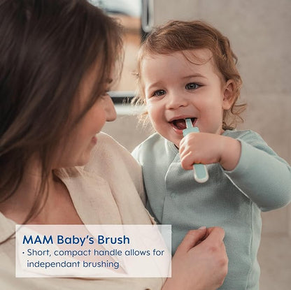 MAM Baby Toothbrushes (2 Baby's Brushes and 1 Safety Shield), Toothbrushes with Brushy The Bear Character, Interactive App, for Girls 6+ Months, Pink