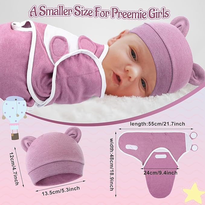 Buryeah 4 Pack Preemie Swaddle Blanket Wrap Set with Hat for Baby Boys Girls 3-7 Lbs Preemie Newborn Clothes Sleepers Cap