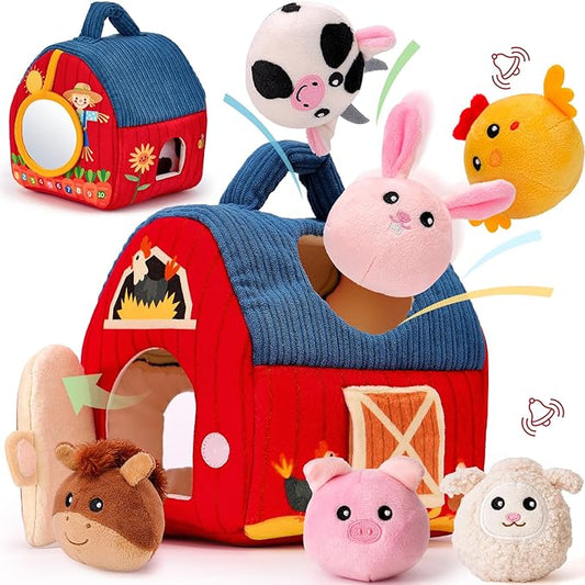 hahaland Baby Toys 6-12 Months - Surprise Barn with Stuffed Farm Animals, Rattle 1-3