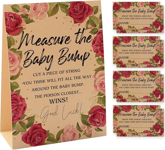 1 Measure the Baby Bump Kraft Sign & 50 Guessing Cards Set, Gender Neutral Baby Shower Games/075KF