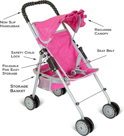 fash n kolor Doll Stroller with Basket, My First Denim Pink Foldable Baby Doll Umbrella Doll Stroller Fits Upto 18" Dolls 2 Free