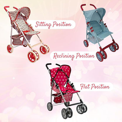 Baby Doll Stroller for Toddler Girls & Big Kids up to 8 Years Old | 28” Baby Stroller for Dolls, Toy Baby Stroller with Cute Pink Hearts Pattern