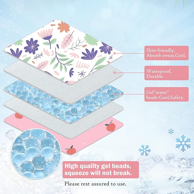 Gel Car Seat Cooler Pad,1 Pack Double Sides-Universal Baby Stroller Ice Cushion,Summer Cooling Seat Liner,Multifunctional Suitable for Baby Dining Chair,Child Safety Seat (Pink Flowers +Peach)