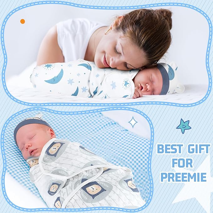 Buryeah 4 Pack Preemie Swaddle Blanket Wrap Set with Hat for Baby Boys Girls 3-7 Lbs Preemie Newborn Clothes Sleepers Cap