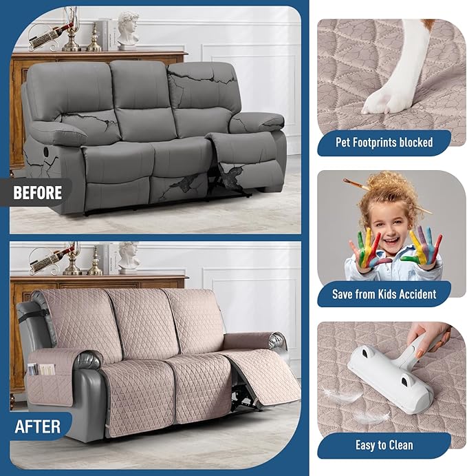 TAOCOCO 100% Waterproof Recliner Sofa Cover-Non Slip Split Couch Covers for Reclining Couches with Elastic Straps,Couch Covers for 3 Cushion Couch Sofa Pet Friendly(Peach, 3 Seater)