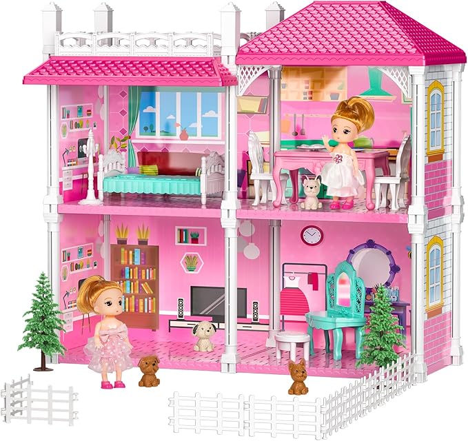 TEMI Villa Toys for 3 4 5 6 7 8 Years Old Girls - 2 Storeys 4 Rooms, Indoor Playset with 2 Dolls Toy Figures, Toys Furniture and Accessories, Pretend Girls Plays, Building Toys, Gifts Toy