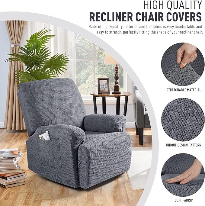 KinCam Recliner Covers, Stretch Reclining Chair Covers, Recliner Sofa Slipcovers Stripe Jacquard Recliner Couch Covers Furniture Protector Covers for Pet Kid (1 Seater, Dark Gray)