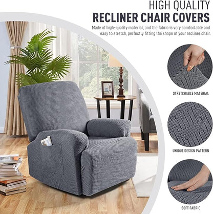 KinCam Recliner Covers, Stretch Reclining Chair Covers, Recliner Sofa Slipcovers Stripe Jacquard Recliner Couch Covers Furniture Protector Covers for Pet Kid (1 Seater, Dark Gray)