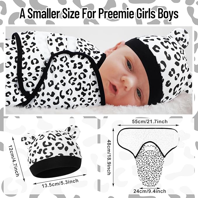 Buryeah 4 Pack Preemie Swaddle Blanket Wrap Set with Hat for Baby Boys Girls 3-7 Lbs Preemie Newborn Clothes Sleepers Cap