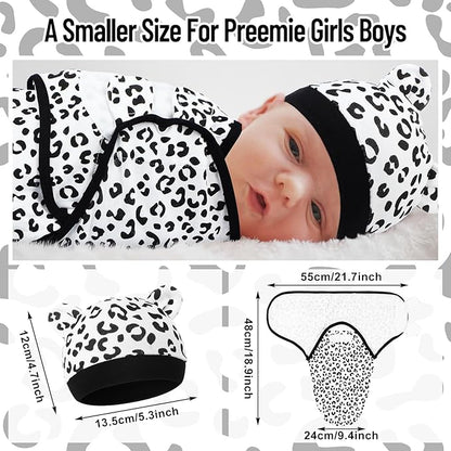 Buryeah 4 Pack Preemie Swaddle Blanket Wrap Set with Hat for Baby Boys Girls 3-7 Lbs Preemie Newborn Clothes Sleepers Cap