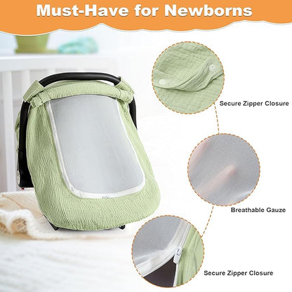 Muslin Cotton Car Seat Cover Baby, Universal Fit Carseat Cover for Baby, Infant Car Seat Cover with Mesh Peep Window, Baby Car Seat Cover for Carrier, Stroller, High Chair, Shopping Cart (Green)