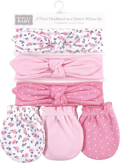 Hudson Baby Baby Girls' Cotton Headband and Scratch Mitten Set