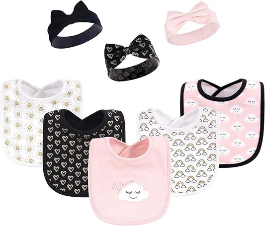 Hudson Baby Unisex BabyCotton Bib and Headband or Caps Set