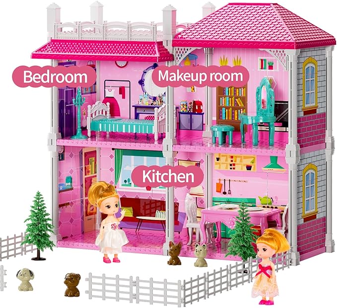 TEMI Villa Toys for 3 4 5 6 7 8 Years Old Girls - 2 Storeys 4 Rooms, Indoor Playset with 2 Dolls Toy Figures, Toys Furniture and Accessories, Pretend Girls Plays, Building Toys, Gifts Toy