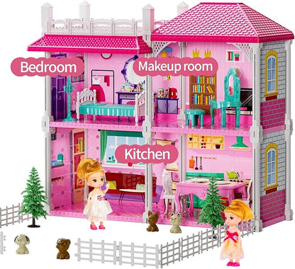 TEMI Villa Toys for 3 4 5 6 7 8 Years Old Girls - 2 Storeys 4 Rooms, Indoor Playset with 2 Dolls Toy Figures, Toys Furniture and Accessories, Pretend Girls Plays, Building Toys, Gifts Toy