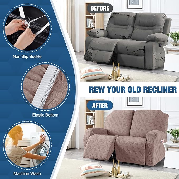 TAOCOCO Recliner Loveseat Cover, Stretch Jacquard Reclining Loveseat Cover Furniture Protector Sofa Slipcovers 2 Seat Recliner Covers with Elastic Bottom for Kids, Pets (Khaki)