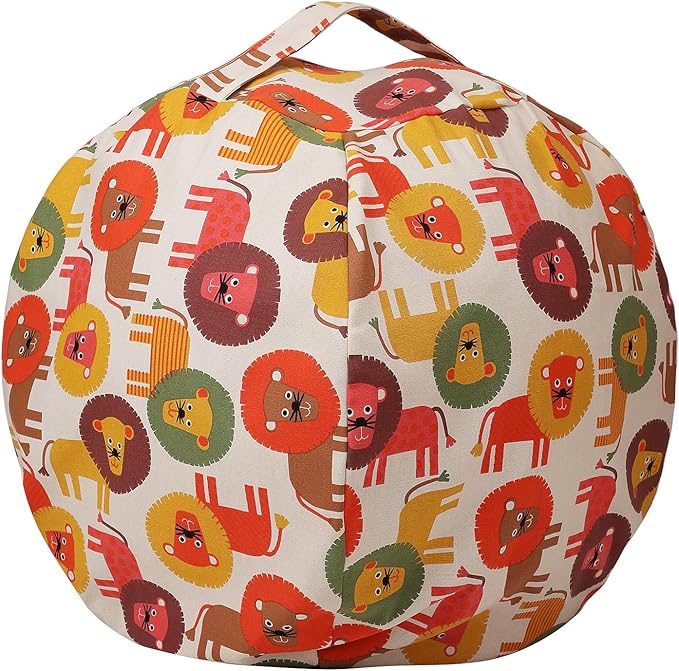 LMYOVE Stuffed Animal Storage Bean Bag Chair Cover for Kids, Zipper Storage Bean Bag for Organizing Plush Toys for Girls and Boys (26", Cartoon Lion)