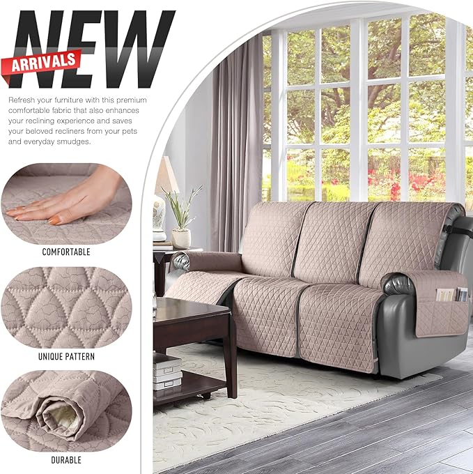 TAOCOCO 100% Waterproof Recliner Sofa Cover-Non Slip Split Couch Covers for Reclining Couches with Elastic Straps,Couch Covers for 3 Cushion Couch Sofa Pet Friendly(Peach, 3 Seater)