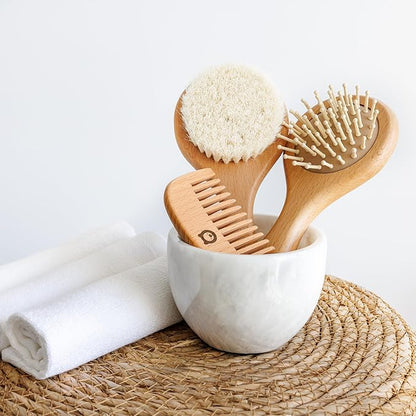 3 Piece Wooden Hair Brush Set for Newborns & Toddlers - Ultra Soft Natural Goat Hair and Wood Brushes in Chic Gift Box