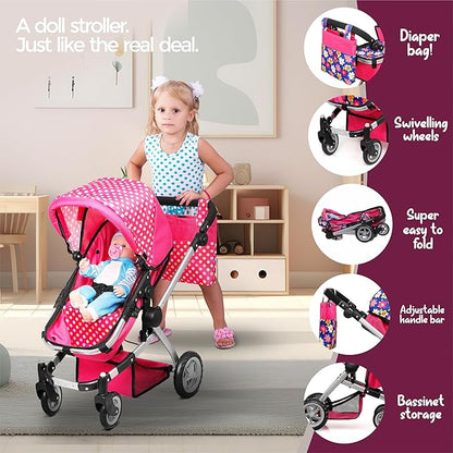 Fash N Kolor | Foldable Pram for Baby Doll with Flower Design with Swiveling Wheel Adjustable Handle Bassinet Stroller with Baby Doll, Convertible Seat
