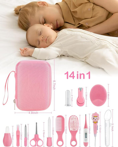 Baby Healthcare and Grooming Kit 15 in 1, Safe Baby Grooming Kit Newborn Girl Boy Essentials, Portable Baby Care Set Nursery Shower Gift for Infant Baby Registry Search, Pink