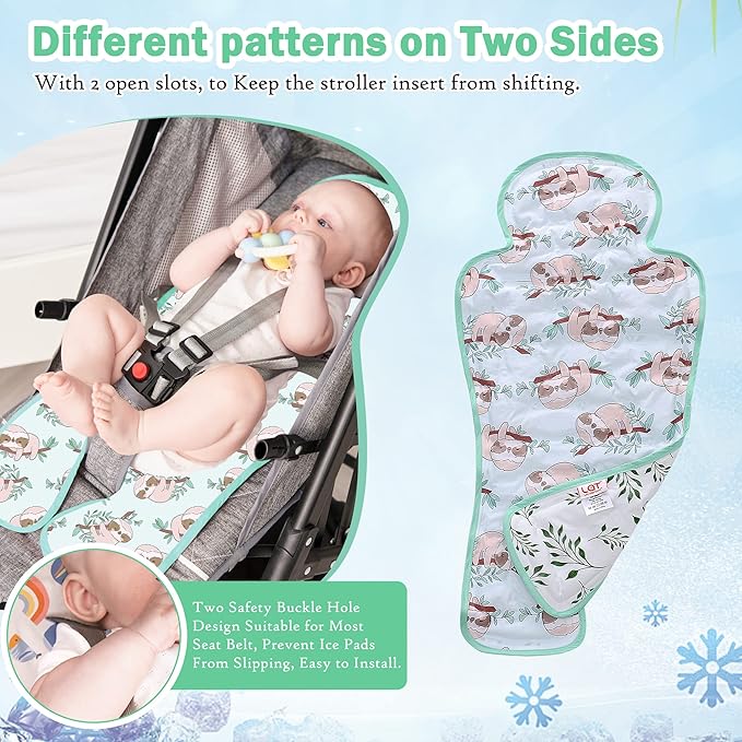 Gel Car Seat Cooler Pad,1 Pack Double Sides-Universal Baby Stroller Ice Cushion Cooler Mat,Summer Cooling Seat Liner,Multifunctional Suitable for Baby Dining Chair,Child Safety Seat(Sloth + Leaves)