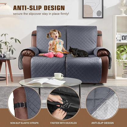 KinCam Waterproof Oversized Loveseat Recliner Cover, Non-Slip Reclining Couch Covers for 2 Seat, Recliner Sofa Cover Furniture Protector with Elastic Straps for Kids, Pets, Dark Gray