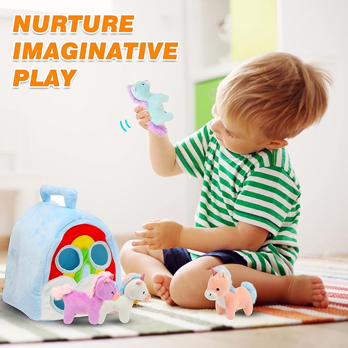 Hopearl Unicorn Plush Rainbow Bag with 4 Baby Unicorns Stuffed Animals Play Set Toy House with Handle Plush Toy Set Gifts for Girls Toddlers Age 3, 4 5, 6, 7, 8 11''