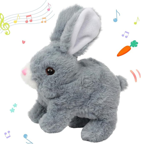 Hopearl Hopping Rabbit Interactive Electronic Pet Plush Bunny Toy with Sounds and Movements Animated Walking Wiggle Ears Twitch Nose Gifts for Toddlers Birthday, Gray 7''