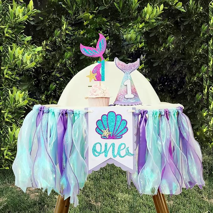 Mermaid 1st Birthday High Chair Banner Purple Party Decorations Mermaid