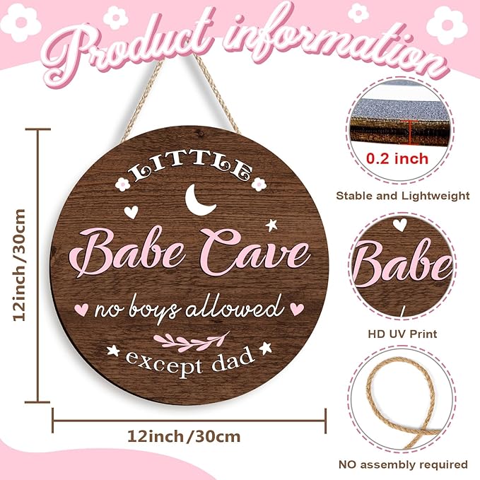 Kercan Babe Cave Door Sign Wooden Circle Baby Room Decor 12'' Round
