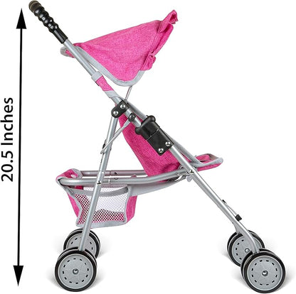 fash n kolor Doll Stroller with Basket, My First Denim Pink Foldable Baby Doll Umbrella Doll Stroller Fits Upto 18" Dolls 2 Free