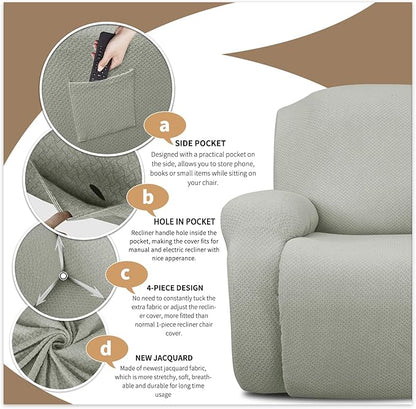 JIVINER 4-Piece Recliner Chair Covers Stretch Jacquard Covers for Recliner Chair Recliner Slipcovers for Living Room Soft Recliner Protector with Pocket (Recliner, Ivory)
