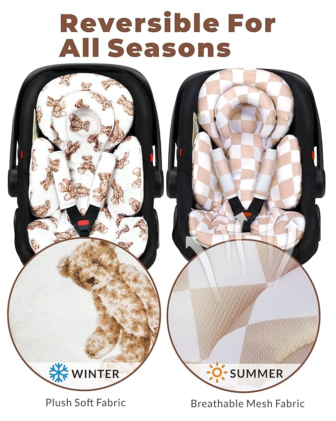 Infant Car Seat Insert with Extra Cushion for Preemie to Infants, Reversible Newborn Carseat Insert Head Support, Fits for Stroller, Baby Swing, Rocker, Bassinets, Pushchair (Teddy Bear)