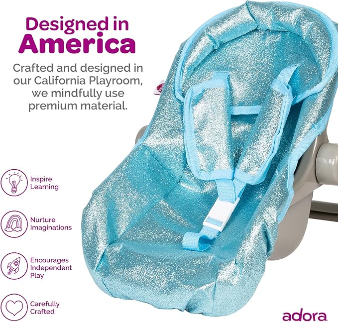 Adora Glam Sparkly & Glittery Aqua Car Seat Carrier, Baby Doll Car Seat That Fits up to 20" Dolls and Stuffed Animals 2+ -