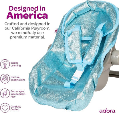 Adora Glam Sparkly & Glittery Aqua Car Seat Carrier, Baby Doll Car Seat That Fits up to 20" Dolls and Stuffed Animals 2+ -