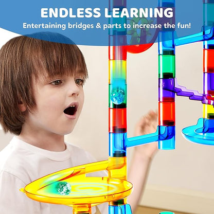 JOYIN 207Pcs Glowing Marble Run, Construction Building Blocks Toys with 5 Glow in The Dark Glass Marbles, STEM Toy for Boys and Girls, Educational Toy(147 Plastic Pieces + 60 Glass Marbles)