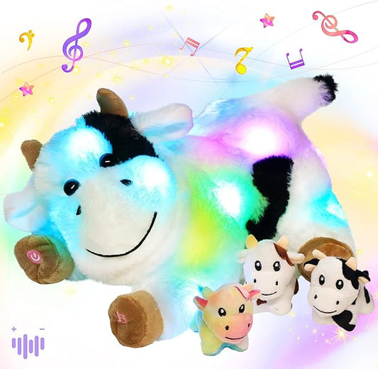 Hopearl LED Musical Stuffed Cow Lighting Up Singing Plush Toy 3 Baby 15''
