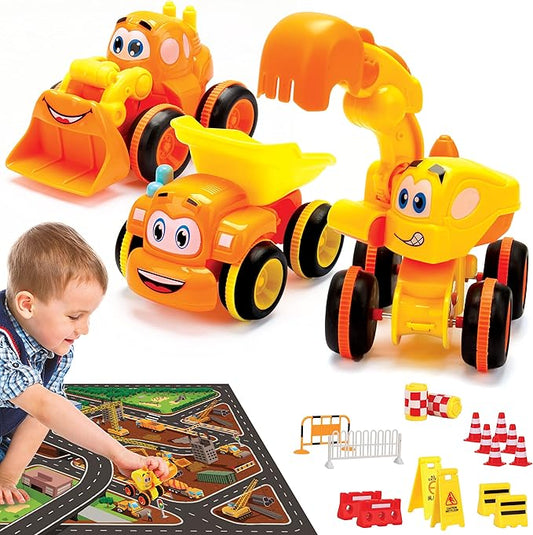 Toys for 3 Year Old Boy - 3 Friction Powered Trucks for 3+ Year Old Boys, Playmat & 16 Accessories