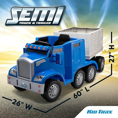 Kid Trax 12V Kids Ride On Semi-Truck with Detachable Trailer - Realistic Sounds, Lights 3-5, Max 77 lbs