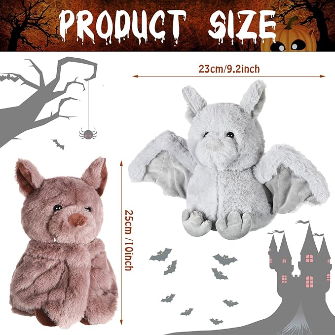 Zhanmai 2 Pack 10 Inches Halloween Bat Plush Cute Bat Stuffed Animal Furry Bashful Bat Toy PP Cotton Soft Bat Plush Doll Toy for Adults Teen Birthday Gifts, Grey
