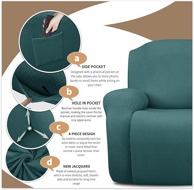 JIVINER 4-Piece Recliner Chair Covers Stretch Jacquard Covers for Recliner Chair Recliner Slipcovers for Living Room Soft Recliner Protector with Pocket (Recliner, Peacock Blue)