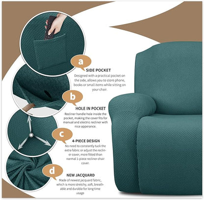 JIVINER 4-Piece Recliner Chair Covers Stretch Jacquard Covers for Recliner Chair Recliner Slipcovers for Living Room Soft Recliner Protector with Pocket (Recliner, Peacock Blue)